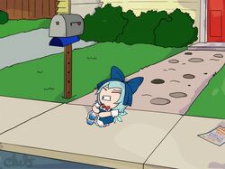  1girl artist_name blue_bow blue_dress blue_hair bow bush cirno clenched_teeth closed_eyes dress family_guy fumo_(doll) hair_bow highres house ice ice_wings injury mailbox_(incoming_mail) paper pinafore_dress red_bow scene_reference skullchimes sleeveless sleeveless_dress solo teeth touhou wings 