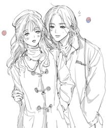  2girls blush coat commentary_request ear_blush greyscale hand_in_pocket hat highres japan-korea_yuri_(meme) japanese_flag korean_commentary long_hair long_sleeves meme monochrome multiple_girls notice_lines original parted_lips plseslll south_korean_flag spot_color sweatdrop turtleneck 