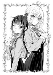  2girls :d ahoge alisa_mikhailovna_kujou blazer blush border bow bowtie breasts buttons closed_mouth collared_shirt cowboy_shot cropped_jacket crossed_bangs double-breasted finger_to_cheek from_side greyscale hair_between_eyes hair_ornament hair_over_shoulder hair_ribbon head_tilt heads_together height_difference highres jacket large_breasts long_hair long_sleeves looking_at_viewer loose_bowtie medium_breasts monochrome multiple_girls number-only_commentary official_art one_eye_closed open_clothes open_jacket ornate_border outside_border own_hands_clasped own_hands_together parted_bangs parted_lips pleated_skirt ribbon school_uniform seiren_academy_school_uniform shirt sidelocks simple_background skirt small_sweatdrop smile suou_yuki swept_bangs tenacitysaho tokidoki_bosotto_roshia-go_de_dereru_tonari_no_alya-san variant_set very_long_hair vest white_background wing_collar 