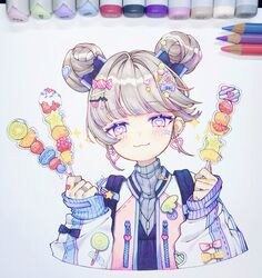  1girl :3 absurdres anny_(yoai) art_tools_in_frame artist_name bandaid black_bow blue_bow blush bow candy candy_hair_ornament closed_mouth colored_pencil_(medium) cropped_torso dot_nose double_bun earrings food food-themed_hair_ornament hair_bow hair_bun hair_ornament heart heart-shaped_pupils heart_earrings highres holding holding_food ice_cream_hair_ornament jacket jewelry light_brown_hair lollipop long_sleeves looking_at_viewer marker_(medium) original pink_bow ring simple_background sleeves_past_wrists solo star_(symbol) stick swept_bangs symbol-shaped_pupils tanghulu traditional_media upper_body violet_eyes white_background white_jacket yellow_bow zipper zipper_pull_tab 