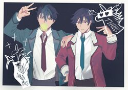  2boys aramis_high_school_uniform black_background blue_eyes blue_hair blue_necktie border chewing_gum closed_mouth collared_shirt commentary cross eiyuu_densetsu green_jacket hand_on_another&#039;s_shoulder hand_on_own_hip heart highres jacket kuro_no_kiseki_(series) kuro_no_kiseki_i looking_at_viewer male_focus multiple_boys necktie open_clothes open_jacket pankopic rean_schwarzer red_jacket red_necktie school_uniform sen_no_kiseki_(series) sen_no_kiseki_i shirt short_hair simple_background thors_military_academy_class_vii_uniform v van_arkride violet_eyes white_border white_shirt 