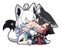  2girls :d ahoge animal_ear_fluff animal_ears black_hair blush chibi closed_eyes commentary_request fox_ears fox_girl hair_ornament hololive hug jb_jagbung kouhaku_nawa long_hair multicolored_hair multiple_girls ookami_mio ookami_mio_(1st_costume) pentagram redhead rope shimenawa shirakami_fubuki shirakami_fubuki_(1st_costume) smile streaked_hair tail teeth transparent_background upper_teeth_only virtual_youtuber white_hair wolf_ears wolf_girl 