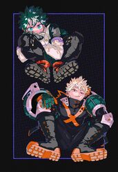  2boys alternate_eye_color arm_on_knee arm_rest bakugou_katsuki black_background black_footwear black_pants blonde_hair blue_eyes bodysuit boku_no_hero_academia boots bright_pupils cheek_press closed_mouth colored_eyelashes colored_shoe_soles combat_boots commentary curly_hair elbow_on_knee elbow_rest film_grain freckles full_body gloves green_bodysuit green_gloves green_hair hand_on_hand hands_on_own_knee hands_up head_on_hand headgear high_collar highres knee_boots knee_pads knees_apart_feet_together knees_up leaning_forward leaning_to_the_side ligne_claire looking_at_viewer male_focus mask mask_around_neck midoriya_izuku mouth_mask multiple_boys orange_gloves outside_border paneled_background pants pensive polka_dot polka_dot_background red_eyes sanpaku shoe_soles short_hair sitting souko_(floyd) spiky_hair toes_up two-tone_gloves uneven_eyes v-shaped_eyebrows white_pupils x 