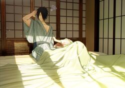  1boy 1girl absurdres arm_behind_head bed bed_sheet black_hair blue_kimono boruto:_naruto_next_generations closed_eyes closed_mouth floral_print_kimono haruno_sakura hetero highres husband_and_wife japanese_clothes kimono naruto_(series) niku_(ni23ku) pink_hair pink_kimono shadow tatami uchiha_sasuke 