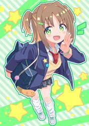  1girl bag blue_jacket blush brown_hair changaa collared_shirt colored_inner_hair commentary_request fang full_body green_background green_eyes hair_ornament hairclip hand_on_own_cheek hand_on_own_face highres jacket leg_warmers long_sleeves looking_at_viewer medium_hair multicolored_hair necktie oka_asahi onii-chan_wa_oshimai! open_mouth outline red_necktie school_bag school_uniform shirt shoes smile solo star_(symbol) striped_background sweater_vest two_side_up white_footwear white_leg_warmers white_shirt yellow_sweater_vest 