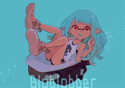  1girl :o bare_arms bare_shoulders black_shorts bloblobber_(splatoon) blue_background blue_hair blue_tongue colored_tongue commentary imaikuy0 inkling inkling_girl inkling_player_character legs_up light_blue_hair long_hair looking_at_viewer lying on_back open_mouth orange_eyes pointy_ears sandals shorts solo splatoon_(series) symbol-only_commentary tank_top tentacle_hair white_footwear white_tank_top 