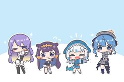  4girls ^_^ absurdres bare_shoulders beret bibideba_(hololive) blonde_hair blue_eyes blue_hair blush_stickers boots chibi closed_eyes colored_inner_hair dancing fins fish_tail gawr_gura gawr_gura_(1st_costume) gradient_hair hair_ribbon hairband hat highres hololive hololive_english hololive_indonesia hood hoodie hoshimachi_suisei hoshimachi_suisei_(1st_costume) long_hair looking_at_viewer medium_hair mole mole_under_eye moona_hoshinova moona_hoshinova_(1st_costume) mpien multicolored_hair multiple_girls ninomae_ina&#039;nis ninomae_ina&#039;nis_(1st_costume) one_eye_closed open_mouth orange_hair purple_hair ribbon shark_tail sharp_teeth side_ponytail smile stitches streaked_hair tail teeth tentacle_hair violet_eyes virtual_youtuber white_hair yellow_eyes 