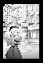  1girl aged_down alisa_mikhailovna_kujou belt belt_buckle black_border blush border braid breath buckle building child commentary_request fur_hat greyscale hands_up hat highres lamppost long_hair long_sleeves looking_at_viewer looking_to_the_side monochrome number-only_commentary official_art outdoors road russia sideways_glance solo standing street tenacitysaho tokidoki_bosotto_roshia-go_de_dereru_tonari_no_alya-san ushanka winter winter_clothes 