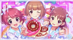  battery_indicator blue_bow bow brown_eyes brown_hair commentary_request copyright_name copyright_notice countdown double_bun doughnut fake_phone_screenshot fake_screenshot food groping_motion hair_bow hair_bun hat heart highres holding holding_plate idolmaster idolmaster_cinderella_girls idolmaster_cinderella_girls_starlight_stage kitami_yuzu kurogoma long_hair looking_at_viewer munakata_atsumi official_art one_eye_closed open_mouth pink_bow plate ponytail redhead second-party_source shiina_noriko short_hair signature sparkle tongue tongue_out translated viewfinder violet_eyes 