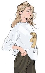  1girl blonde_hair brown_pants closed_mouth commentary genderswap genderswap_(mtf) haotmeal highres k-pop long_hair long_sleeves mole mole_under_eye pants profile real_life solo stuffed_animal stuffed_toy sweater teddy_bear white_sweater zerobaseone zhang_hao 