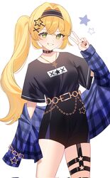  1girl :d black_choker black_hairband black_shirt black_shorts blonde_hair blue_shirt breasts chain choker corrupted_twitter_file cross cross_necklace dokibird_(vtuber) gold_chain green_eyes hair_between_eyes hairband hand_up highres indie_virtual_youtuber jewelry long_sleeves looking_at_viewer medium_breasts necklace open_clothes open_shirt plaid_clothes plaid_shirt ponytail shirt short_sleeves shorts simple_background smile solo star_(symbol) umireki v white_background 