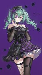  1girl asymmetrical_legwear black_dress black_hat black_thighhighs c0m3_as_y0u_ar3 checkered_clothes dress expressionless eyepatch fishnet_thighhighs fishnets flower green_eyes green_hair hat highres looking_at_viewer original purple_background purple_flower solo star_(symbol) thigh-highs twintails 