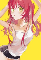  1girl absurdres beithesprout blush bocchi_the_rock! breasts green_eyes highres kita_ikuyo long_hair looking_at_viewer redhead shirt shorts simple_background sleeveless sleeveless_shirt small_breasts solo yellow_background 