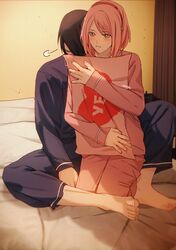  1boy 1girl absurdres barefoot bed bedroom black_hair boruto:_naruto_next_generations green_eyes haruno_sakura headband hetero highres hugging_object husband_and_wife indoors long_sleeves naruto_(series) niku_(ni23ku) pajamas pillow pink_hair short_hair soles toes uchiha_sasuke 