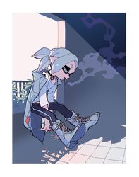  1boy black_choker black_pants boots choker cigarette coat cross-laced_footwear grey_coat grey_eyes grey_hair highres inkling inkling_boy inkling_player_character male_focus open_clothes open_coat pants pointy_ears shirt short_hair short_ponytail sitting smoke smoking solo splatoon_(series) suno_sky tentacle_hair white_shirt 