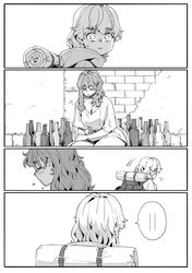  ... 1boy 1girl aihara_akito backpack bag bottle closed_eyes crying greyscale highres medieval monochrome original rags road street 