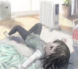  1girl absurdres arikomen barefoot black_hair black_pants day grey_eyes highres indoors long_sleeves lying on_back original pants parted_lips plant potted_plant radiator shirt solo sunlight sweater_vest white_shirt window wooden_floor 