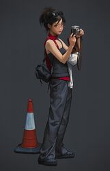  1girl absurdres bag black_pants black_shirt brown_eyes camera crocs eyewear_on_head grey_background highres lipstick looking_at_viewer makeup original pants red_scarf red_undershirt scarf shirt short_hair shoulder_bag simple_background solo standing striped_clothes sunglasses traffic_cone wang-xi 