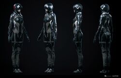  1girl 3d absurdres ass belt boots breasts caldari_state_(eve_online) commentary company_logo company_name copyright_name dark_background dated eve:_valkyrie eve_online from_behind from_side full_body grey_background grey_footwear grey_theme highres lips logo multiple_views nose official_art photorealistic pilot pilot_helmet pilot_suit realistic science_fiction solo standing undoz valkyrie_(eve_online) 