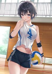  10nen-buri_ni_saikai_shita_kusogaki_wa_seijun_bishoujo_jk_ni_seichou_shite_ita 1girl ball bare_shoulders black_hair blush character_request elbow_pads highres looking_at_viewer midriff_peek navel open_mouth short_hair shorts solo sportswear third-party_source volleyball_(object) volleyball_uniform 