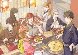  1other 3girls 4boys :d blonde_hair blue_eyes blue_kimono bowl brown_eyes brown_hair chopsticks eating food green_eyes grey_hair hair_ornament holding holding_bowl holding_chopsticks japanese_clothes kimono lantern long_sleeves multiple_boys multiple_girls na_(sodium) official_art open_mouth original pink_kimono sash short_hair shrimp shrimp_tempura smile table tempura wide_sleeves 