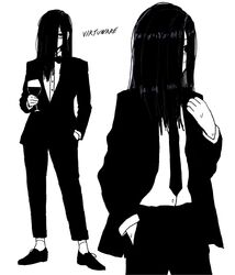  1girl absurdres alcohol artist_name bags_under_eyes black_footwear black_hair black_jacket black_suit buttons collared_shirt cup drink drinking_glass english_commentary full_body ghost ghost_girl greyscale hair_over_eyes hair_over_face hair_over_one_eye hand_in_pocket highres holding holding_cup holding_drink jacket long_hair messy_hair monochrome multiple_views necktie open_clothes open_jacket shirt signature socks suit suit_jacket the_ring twitter_username vest virtuware wet white_background white_shirt white_socks wine wine_glass yamamura_sadako 