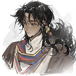  1boy aged_down black_hair brown_coat brown_eyes coat dark-skinned_male dark_skin highres long_hair male_focus multicolored_clothes multicolored_scarf portrait procreate_(medium) qu_matou_zheng_dian_shutiao reverse:1999 scarf shamane shirt sketch solo white_background white_shirt 