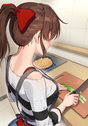  1girl apron bow bra bra_strap breasts brown_hair commentary_request cooking facing_away grey_apron hair_bow highres holding holding_knife idolmaster idolmaster_million_live! indoors kamille_(vcx68) kitchen_knife knife medium_breasts nape ponytail red_bra satake_minako shirt solo spring_onion striped_clothes striped_shirt underwear upper_body 