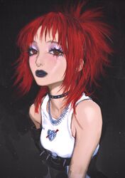  absurdres animification bare_arms black_background black_choker black_lips choker eyelashes heart heart_print highres jewelry jurin_(xg) looking_at_viewer makeup necklace nose_piercing piercing ponytail red_eyes redhead silver_necklace tank_top wang-xi white_tank_top xg_(group) y2k_fashion 