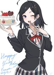  1girl ;d ahoge black_hair black_jacket blazer blush breasts cake candy character_name chocolate collared_shirt dated english_text food fork fruit hair_ornament happy_birthday heart heart-shaped_chocolate highres hikigaya_komachi holding holding_fork holding_plate jacket light_(lightpicture33) looking_at_viewer neck_ribbon one_eye_closed open_mouth plaid_clothes plaid_skirt plate pleated_skirt red_ribbon ribbon school_uniform shirt short_hair simple_background skirt small_breasts smile sobu_high_school_uniform solo strawberry tongue whipped_cream white_background white_shirt x_hair_ornament yahari_ore_no_seishun_lovecome_wa_machigatteiru. 