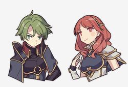  1boy 1girl alm_(fire_emblem) arm_up armor breastplate celica_(fire_emblem) closed_mouth commentary_request fire_emblem fire_emblem_echoes:_shadows_of_valentia gold_trim green_eyes haconeri pauldrons red_eyes redhead short_hair shoulder_armor simple_background smile white_background 
