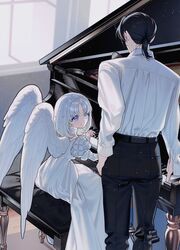  1boy 1girl angel angel_wings belt black_hair black_pants blue_eyes choker diadem dress earrings hair_ornament highres instrument jewelry long_dress looking_at_another music nanoka_san no_sclera open_mouth original pants piano piano_bench piano_keys playing_instrument playing_piano ponytail puffy_sleeves shirt sitting sitting_on_piano smile standing teeth white_choker white_dress white_hair white_shirt window wings wooden_floor 