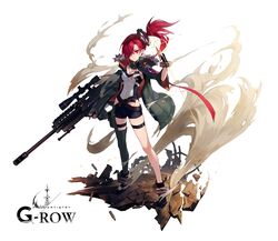  1girl ayappe_taicho bullet closed_mouth dare_ga_tame_no_alchemist expressionless gun hair_ornament hair_over_one_eye highres holding holding_bullet holding_gun holding_weapon jacket navel official_art one_side_up outdoors red_eyes redhead shoes shorts standing weapon 