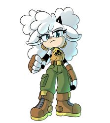  1girl absurdres animal_ears bell belt black_horns blue_eyes boots brown_footwear fingerless_gloves fotiakouneli furry furry_female gloves green_pants highres horns lanolin_the_sheep looking_at_viewer neck_bell pants serious sheep_ears sheep_girl sleeveless solo sonic_(series) sonic_the_hedgehog_(idw) white_background 