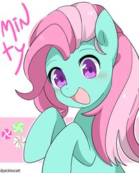  1girl animal_ears artist_name bad_id bad_twitter_id catsonmarss character_name furry furry_female happy horse_ears long_hair looking_at_viewer minty_(my_little_pony) multicolored_hair my_little_pony my_little_pony_(g3) open_mouth outline personification pink_hair smile solo two-tone_hair upper_body violet_eyes white_outline 