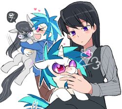  2girls animal annoyed aqua_hair bad_id bad_tumblr_id biting_another&#039;s_finger black_hair black_vest blue_hair blush bow bowtie closed_eyes creature_and_personification cutie_mark dual_persona grey_sweater holding holding_animal jitome long_hair medium_hair multicolored_hair multiple_girls my_little_pony my_little_pony:_friendship_is_magic octavia_melody personification pink_bow pink_bowtie pony_(animal) purple-tinted_eyewear re_ghotion red_eyes simple_background sitting spiky_hair streaked_hair sunglasses sweater tail tail_wagging tinted_eyewear two-tone_hair unicorn vest vinyl_scratch violet_eyes white_background 