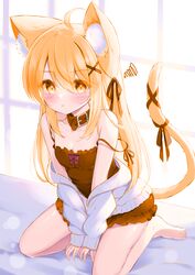  1girl animal_ear_fluff animal_ears blush cat_ears cat_girl cat_tail long_hair orange_dress orange_eyes orange_hair orange_t-shirt original very_long_hair 