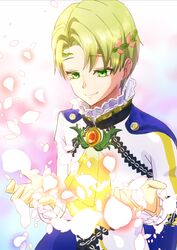  1boy alfred_(fire_emblem) ascot blonde_hair blue_cape cape circlet closed_mouth fire_emblem fire_emblem_engage green_eyes highres male_focus orange_gemstone prince shiriusu short_hair smile yellow_ascot 