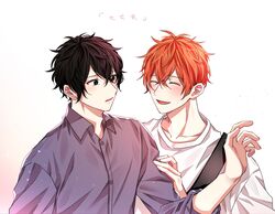  2boys black_hair closed_eyes collared_shirt given gradient_background hand_on_another&#039;s_arm highres light_particles long_sleeves male_focus multiple_boys murata_ugetsu open_mouth orange_hair pinoli_(pinoli66) purple_shirt satou_mafuyu shirt smile sweater white_background white_sweater 