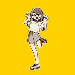  1girl :d black_eyes brown_footwear brown_hair brown_skirt harumaru_sk leg_up looking_at_viewer open_hands original outline palms skirt smile solo spread_fingers standing standing_on_one_leg w_arms white_outline yellow_background 