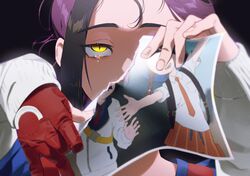  1boy 987645321o absurdres black_background black_hair chromatic_aberration commentary_request gloves highres holding holding_photo jacket kieran_(pokemon) korean_commentary long_sleeves male_focus multicolored_hair partially_fingerless_gloves photo_(object) pokemon pokemon_sv portrait purple_hair red_gloves red_shirt rolling_eyes shirt single_glove solo tearing_paper tearing_up two-tone_hair white_jacket yellow_eyes 