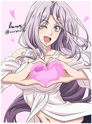  1girl artist_name bare_shoulders baron_(varon666) border collarbone cowboy_shot fuuto_tantei heart heart_hands highres kamen_rider kamen_rider_w long_hair navel one_eye_closed pink_background purple_hair shirt simple_background solo tokime_(fuuto_tantei) twitter_username upper_body violet_eyes white_border white_shirt 