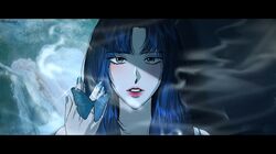  1girl animification blue_butterfly blue_hair blue_nails bug butterfly commentary gfriend k-pop letterboxed long_hair looking_at_viewer parted_bangs real_life red_lips smoke solo yuju_(gfriend) yuringi 