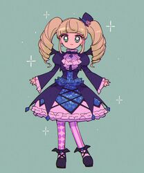  1girl aikatsu! aikatsu!_(series) arms_at_sides black_footwear blunt_bangs bright_pupils checkered_thighhighs collar dangan_(g7mogmog) dot_nose dress drill_hair earrings frilled_collar frilled_dress frilled_sleeves frills full_body green_background green_eyes hat highres jewelry legs_apart long_hair long_sleeves looking_at_viewer medium_dress mini_hat mini_top_hat pink_thighhighs purple_dress purple_hat shoes sidelocks simple_background smile solo sparkle striped_clothes striped_thighhighs thigh-highs todo_yurika top_hat twin_drills twintails vertical-striped_clothes vertical-striped_thighhighs white_hair white_pupils wide_sleeves wings 