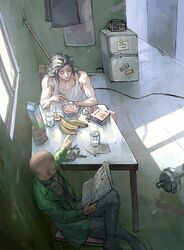  2boys aleph_(megami_tensei) bald banana barbell black_hair breakfast cereal chair closed_eyes crossed_legs cup drinking_glass eating food fruit green_jacket highres indoors jacket messy_hair milk_carton minifridge multiple_boys newspaper o_c_x okamoto_(megami_tensei) pointing shin_megami_tensei shin_megami_tensei_ii sitting window 