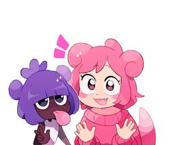  2girls :d black_eyes blush blush_stickers commentary dark-skinned_female dark_skin double_bun english_commentary fang flat_chest hair_bun hand_up hands_up highres long_sleeves looking_at_viewer multiple_girls open_mouth personification pink_eyes pink_hair pink_sweater pokemon purple_hair shellder short_hair simple_background sleepy_cheeky slowpoke smile sweater tail tank_top tongue tongue_out upper_body v very_dark_skin white_background white_tank_top 