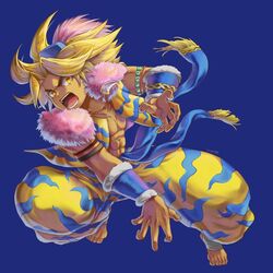  1boy abs arm_between_legs armor barefoot blonde_hair blue_background blue_hat blue_sash bracer claw_pose collarbone commentary fur-trimmed_scarf fur_trim hat highres hiroita kevin_(seiken_densetsu_3) leather_armor looking_to_the_side male_focus multicolored_pants open_mouth pants patterned_clothing pectorals pink_fur sash scarf seiken_densetsu seiken_densetsu_3 sideways_glance simple_background solo teeth tiger_stripes tongue yellow_eyes yellow_scarf 