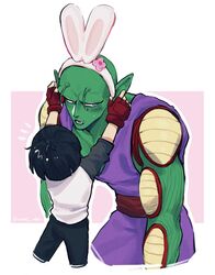  1boy 1girl absurdres alien animal_ear_hairband animal_ears antennae bald black_eyes black_hair blush collarbone colored_skin cropped_legs dougi dragon_ball dragon_ball_super dragon_ball_super_super_hero dressing_another embarrassed fake_animal_ears fingerless_gloves flower gloves green_skin hairband highres leaning_forward muscular muscular_male namekian notice_lines open_mouth pan_(dragon_ball) pants piccolo pointy_ears purple_pants purple_shirt rabbit_ear_hairband rabbit_ears red_gloves shirt sweatdrop tall vamos_mk 