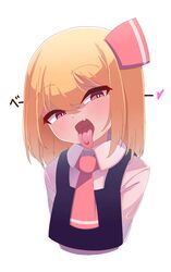  1girl ascot black_vest blonde_hair collared_shirt fang hair_ribbon head_tilt heart heart-shaped_pupils highres long_sleeves looking_at_viewer open_mouth oyatu_potage red_ascot red_eyes red_ribbon ribbon rumia shirt short_hair simple_background skin_fang solo symbol-shaped_pupils tongue tongue_out touhou upper_body vest white_background white_shirt 