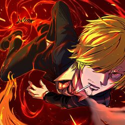  1boy black_jacket black_pants black_suit blonde_hair cigarette dark_background diable_jambe fire flaming_leg hair_over_one_eye hand_in_pocket highres illustica_phantom jacket one_piece pants red_background sanji_(one_piece) solo suit 